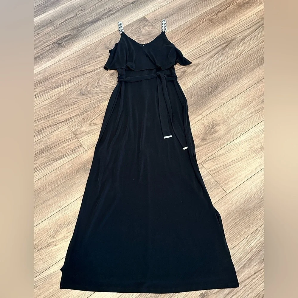 NWT Michael Kors Black Tiered Chain Strap Overlay Maxi Dress Size Small